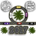 Greeting card with holidays. Travel the holidays. Road with a marking. Cars. Greeting inscription Happy New Year 2017 Royalty Free Stock Photo