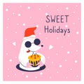 Greeting card with icon of cute mole. New year poster. Funny animal and cake. Sweet holidays.