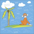 Greeting card, illustration. Brown monkey sitting on a green island in the blue ocean, green palm Royalty Free Stock Photo