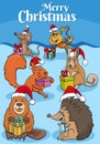 Greeting card illustration with cartoon animals with Christmas gifts Royalty Free Stock Photo