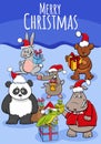 Greeting card illustration with cartoon animals on Christmas time Royalty Free Stock Photo