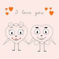 Greeting card with the image of two hearts holding the hand of, birthday, Valentine`s day, love, line