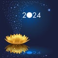 2024 greeting card with an imaginary visual, showing a golden water lily and a cloud of stars. Royalty Free Stock Photo