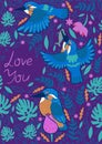 Greeting card with the inscription love you. Kingfishers on a purple background. Vector graphics