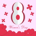 Greeting card for International Women`s Day. Paper cut red hearts and flowers on a pink background.