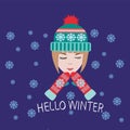 Greeting card and invitation with cute girl with Hello Winter te