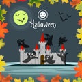 Greeting card or invitation Halloween. Silhouette pumpkins, ghosts and bats are flying over the castle at night. Royalty Free Stock Photo