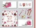 Greeting card or invitation with Valentine`s Day theme doodleelements, roses, lettering and other different objects Royalty Free Stock Photo