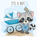 Greeting card its a boy with baby carriage and Raccoon