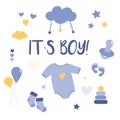 Greeting card its a boy. Children`s posters. Baby shower illustrations set. Hand drawn newborn boy items and elements. Invitations