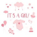 Greeting card its a girl Children`s posters. Baby shower illustrations set. Hand drawn newborn boy items and elements. Invitations Royalty Free Stock Photo