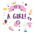 Greeting card its a girl Children`s posters. Baby shower illustrations set. Hand drawn newborn boy items and elements. Invitations