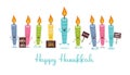 Greeting card for jewish holiday of Hanukkah. Funny Hanukkah candle characters holding signs with greetings in Hebrew