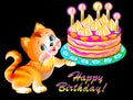Greeting card with joyful kitten holding a cake.