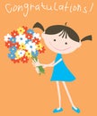 A greeting card with a joyful little girl holding a big flowers bouquet