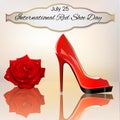 Greeting card 25 July International day red shoes with shoes and a rose with reflection