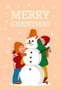 Greeting Card Kids build a Snowman Merry Christmas Party - Vector flat design