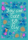 Greeting card with kingfishers and the inscription with You are free to fly. Vector graphics