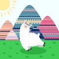 Greeting card with lama unicorn and mountain cartoon landscape. Template for printing, web design, postcard