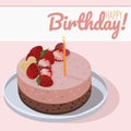 A greeting card with a large strawberry cake and the inscription Happy Birthday. Pink cake with strawberries and a Royalty Free Stock Photo