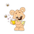 Greeting card little kind bear cub honey bees illustration cartoon