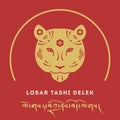Greeting card. Losar Tashi Delek. Tiger Astrological Animal Sign with Oriental Ornament Elements on red background
