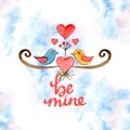 Greeting card with love theme heaving love birds, hanging wooden hut on tree branch, floral background for Valentine Day Royalty Free Stock Photo