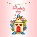 Greeting card with love theme heaving love birds, hanging wooden hut on tree branch, floral background for Valentine Day Royalty Free Stock Photo