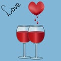 Greeting card-Love. Two wine glasses with a red drink. Drops of blood are dripping from the heart. Vector. Light blue background. Royalty Free Stock Photo