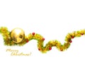 Greeting card made of yellow and green tinsel frame with red and golden christmas balls Royalty Free Stock Photo