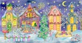 Greeting card with magic Christmas houses in village or town, with decorated conifer, trees and shrubs in snow at night Royalty Free Stock Photo