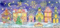 Greeting card with magic Christmas village and beautiful houses, with decorated conifer, trees and shrubs in snow at night Royalty Free Stock Photo