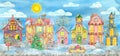 Greeting card with magic Christmas village and beautiful houses, with decorated conifer, trees and shrubs in snow at sunny day Royalty Free Stock Photo