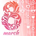 Greeting card with 8 March. Decorative Font with swirls and floral elements.