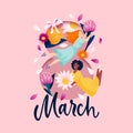 Greeting card for March 8 international womens day. Vector illustration. Number eight and flying girls with flowers Royalty Free Stock Photo