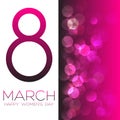 Greeting card with March 8, women`s day on bokeh background, vector illustration