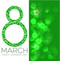 Greeting card with March 8, women`s day on bokeh background, vector illustration