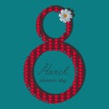 Happy womens day. March 8. Festive postcard. Ornament from scarlet lips. White chamomile decoration. Lettering. Vector.