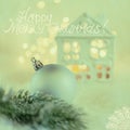 Greeting card Merry Christmas. Ball and House or chalet. Background of winter decoration for the holiday. Royalty Free Stock Photo