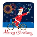 Greeting card Merry Christmas. Cheerful Santa Claus with a cocktail rides a bicycle