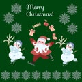 Greeting Card Merry Christmas! Cute cartoon Santa Claus juggling gifts, and dancing snowmen on skates.