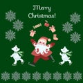 Greeting Card Merry Christmas! Cute cartoon Santa Claus juggling gifts, and polar bears on skates. Royalty Free Stock Photo