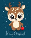 Greeting card Merry Christmas, cute little deer with a red Christmas ball on a blue background with snowflakes. Print vector Royalty Free Stock Photo