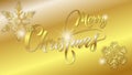 Greeting card Merry Christmas. Gold lettering on a gold background with shiny gold snowflakes.