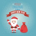 Greeting card Merry Christmas and happy new year with Santa claus and bag with gifts. Flat style. Royalty Free Stock Photo