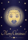 Greeting card Merry Christmas Jesus baby. Face of the newborn saint on the background of the starry sky. Royalty Free Stock Photo