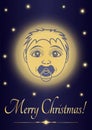 Greeting card Merry Christmas Jesus baby. Face of the newborn saint on the background of the starry sky. Vector Royalty Free Stock Photo