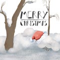 Greeting card Merry Christmas. Lettering and santa claus hat in winter snowy forest. Royalty Free Stock Photo