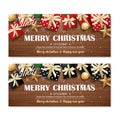 Greeting card merry christmas party poster banner design template on wooden background. Happy holiday and new year with gift box Royalty Free Stock Photo