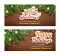 Greeting card merry christmas party poster banner design template on wooden background. Happy holiday and new year with gift box Royalty Free Stock Photo